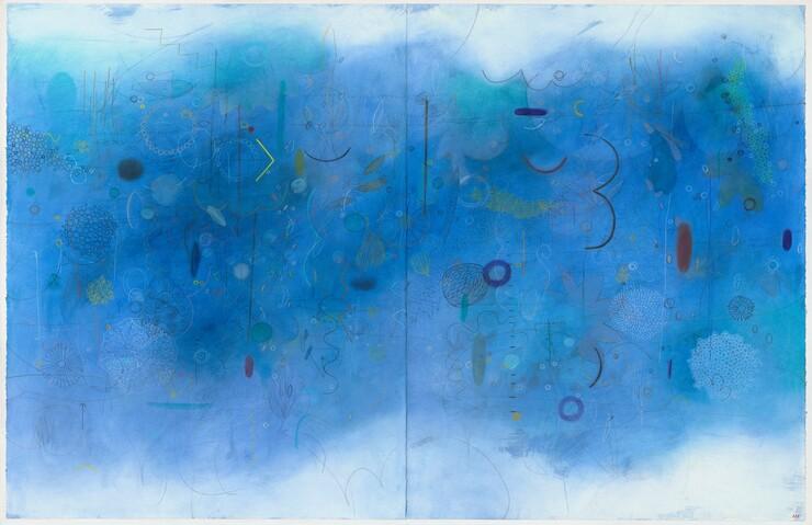 A mixed media abstract art piece that is blue with symbols and signs of different colors