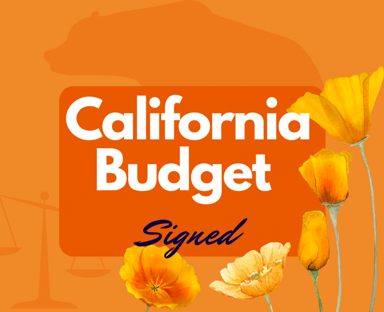 Image with a bear, scales of justice, california poppies, and text that says, "California Budget Signed"