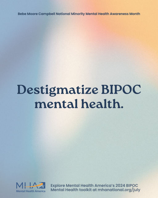 A colorful background with the words "Destigmatize BIPOC Mental Health" in a serif font.