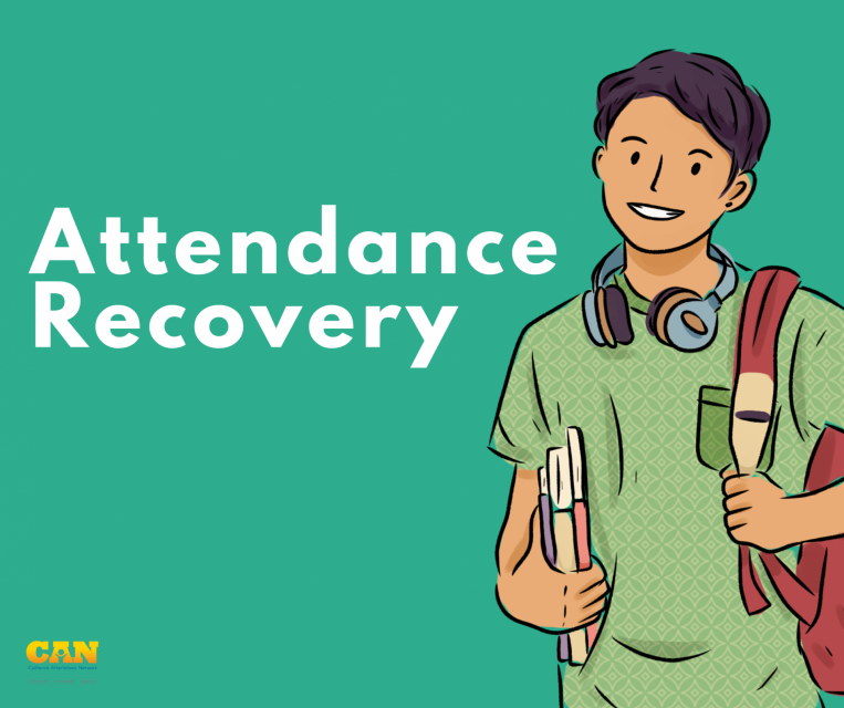 Cartoon image of a student wearing a backpack and headphones around their neck and carrying a book. Words saying Attendance Recovery and CAN's logo