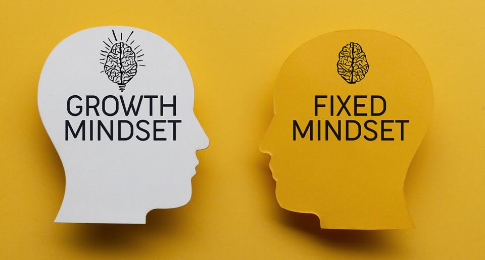 Photo of two drawings of human heads one saying "Growth Mindset" and the other saying "Fixed Mindset"