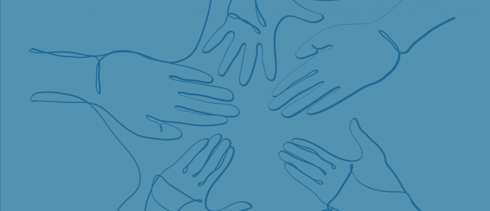 image of hands touching coming together with a blue background