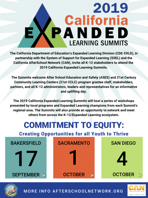 Flyer for 2019 California Expanded Learning Summits